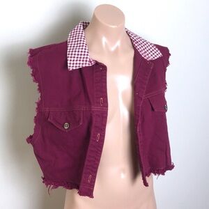 EnChanté Cropped Raw Hem Vest Gingham Maroon Plum